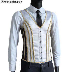 Men Abdomen Corset Tight Fitting Slimming Vintage Waistcoat White Shaper Vest Lace Up Boned Tank Tops Wedding Party Costume