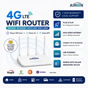 AIRION 4G LTE WiFi Router | No Contract SIM Card Router | Plug & Play Home Internet | RJ45 LAN | Type-C Power