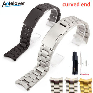 Aotelayer 14mm 16mm 19mm 18mm 20mm 21mm 22mm 24mm Curved End Solid Stainless Steel Watch Band Strap Universal Strap Black Gold Side Press Folding Clasp Watchband With Tools