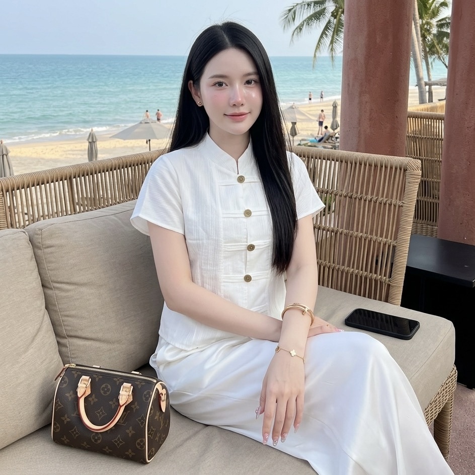 เสื้อคอจีนแขนสั้นกระดุมเหรียญ ผ้าฝ้ายชินมัย ทรงสวย ใส่สบาย ไซส์ใหญ่ก็ใส่ได้ มุมมองที่ 5