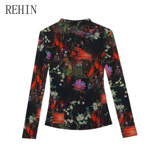 REHIN เสื้อยืดแขนยาวอินเทรนด์สำหรับผู้หญิง Sablon Bunga เสื้อยืดคอกลมฤดูใบไม้ร่วง