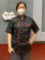 Áo Bếp/ Áo Đồng Phục Đầu Bếp ngắn tay màu đen phối viền đỏ - vải kaki dày dặn. 