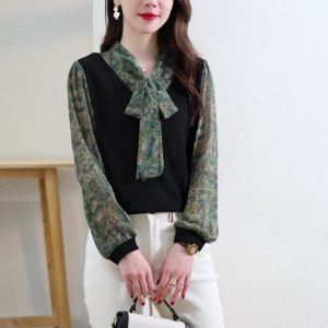 AMMIN French V-neck Long Sleeve Shirt with Bowknot Ribbon Design for Women 2025 Spring Long Sleeve Fake Two-piece Fashion High-end Large Size Elegant Blouse