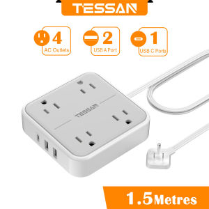 TESSAN Power Strip Flat Plug Extension Cord 1.5m 3m 4.5m Extension Cord With USB Type C Port