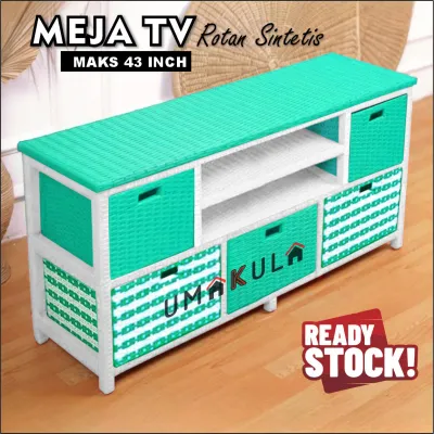 Lemari Rak Rotan Sintetis 5 Laci Bufet Buffet Meja TV 43 inci Ruang Tamu Serbaguna Minimalis Terbaru