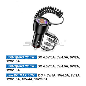 231W Car Charger Lighter with Charging Cable Voltmeter 3 in1 Car Power Adapter USB Type C Socket Fast Charge