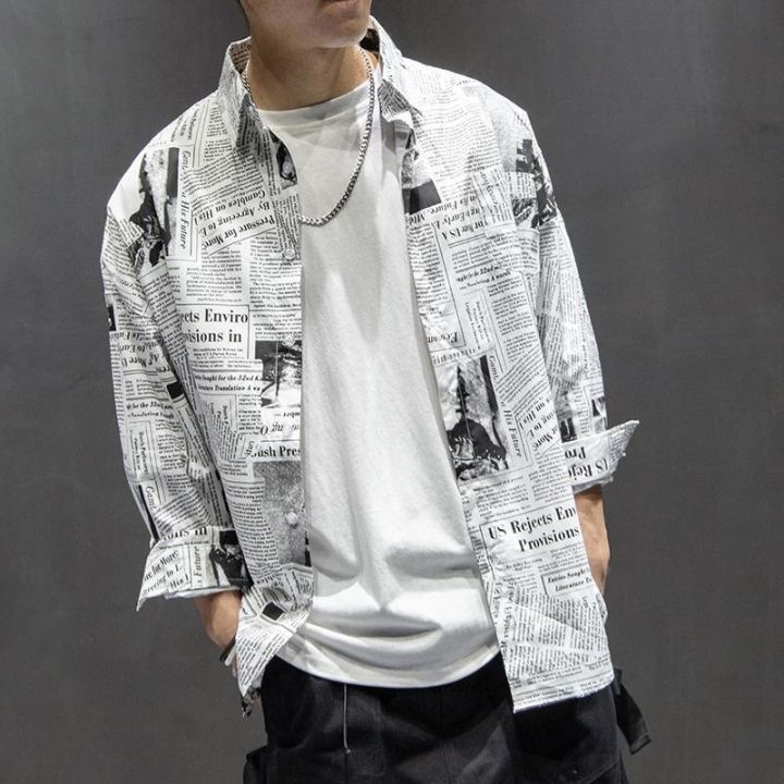 Men's Shirt Retro Newspaper Printed Korean Fashion Spring Man Thin Cardigan  Chic Long Sleeve Plus Size Loose Floral Casual Shirts New 2021 Lazada PH