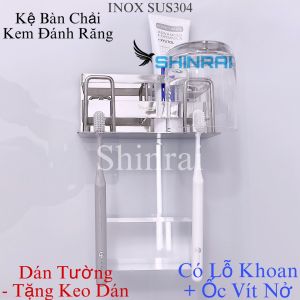 ( Dán Tường - Có Lỗ Khoan ) Kệ Để Bàn Chải Tuýp Kem Đánh Răng INOX304 Bạc Gương Dán Tường 3 Cốc