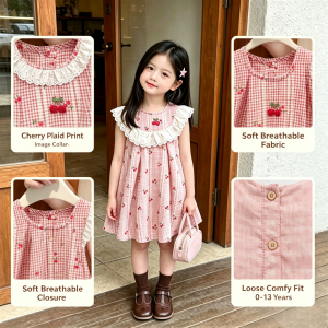 AILEBE Kids Dress For Girls White Cherry Print Plaid Sleeveless Dress With Lace Ruffle Collar Soft Breathable Summer Wear For Baby Girl 1-13 Years Back Button Easy On Off OOTD Pambahay Pang Gala Ternos For Kids Girls Dresses