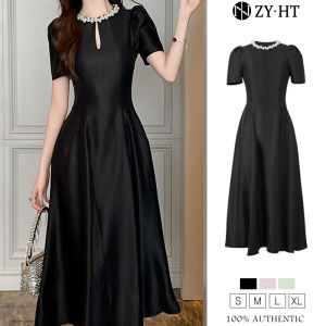 ZYHT EraVogue Váy nữ Đen tím A-Dress Satin Váy làm việc Váy Hiso Váy cổ điển Váy công sở Váy dự tiệc 80219