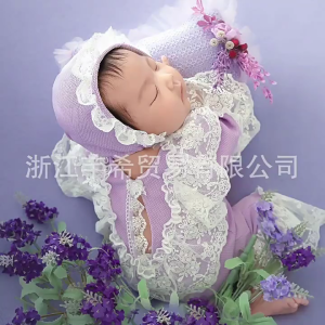 Adorable Newborns Photo Costume Soft & Breathable Lace Romper Pagoda Sleeve with Matching Hat for 0-1 Month Babies