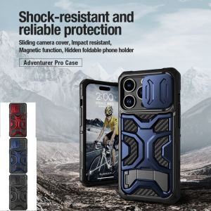 iPhone 14 / Pro / Max / Plus /+ - Nillkin Adventurer Magnetic Case Shock Resistant Impact Protection Sliding Camera Coverage Casing Full Anti Scratch Drop Proof Slip TPU Lanyard Hole Holder Corner airbag outdoor tough stylish Button fingerprint Stand