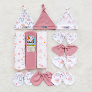 4in1 Paket Hemat Perlengkapan Bayi Baru Lahir Bedong + Topi Set Sarung Tangan & Kaki Serian Cokelat Poka SNI ZPH25
