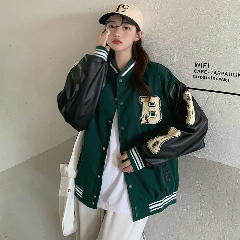 Women Varsity Bomber Baseball Jacket Bone Patchwork College