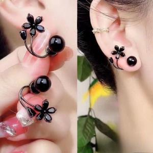 Black Flower Stud Earrings for Women Temperament Zircon Stud Earrings Dual-wear Stud Earrings