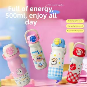 LIANG Large Capacity Insulated Cup With Handle 500ml Thermos Water Bottle Cartoon Leak-Proof Cartoon Straw Cup Daily Use