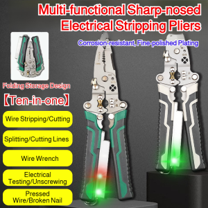 【10 in 1】Multi-function Wire Stripper with Electrical Measurement Electrician Pliers Multi-function Wire Stripper/Steel Wire Pliers/Multi-function Universal Diagonal Needle Pliers/Light Display Multi-function Wire Stripper