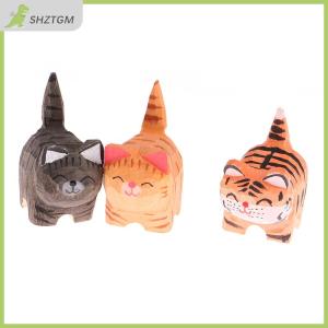 【SHZTGM】 งานฝีมือสำหรับตกแต่งเดสก์ท็อปรูปสัตว์ขนาดเล็กลายการ์ตูนทำด้วยมือแกะสลักไม้และใช้งานได้จริงของประดับรูปแมว
