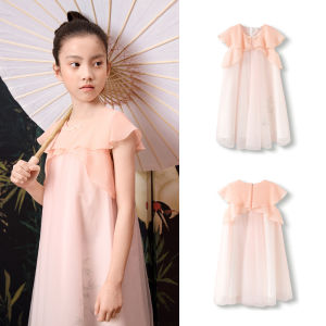 balabala Girl Dress Children Dress 2025 New Summer Clothing Big Kids Traditional Chiffon Dress Sweet Princess