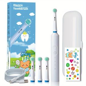 【Original 】Electric Toothbrush for Children Over 3 Years Old Featuring 4 Round Brush Heads 3 Rotating Cleaning Modes USB-C Charging And a Travel Electric Toothbrush Set with Stickers.