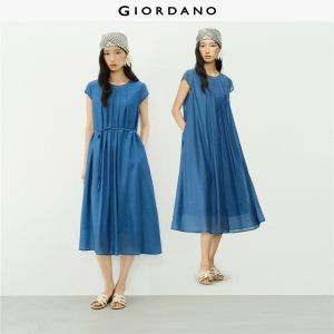 Giordano Women Round neck tie waist pleated midi dress Free Shipping 18466219