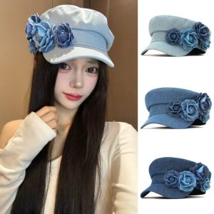 MAULLY Artistic Denim Camellia Beret Hat Korean Style Adjustable Flower Flat Top Hat Vintage Elegant Painter Caps Lady