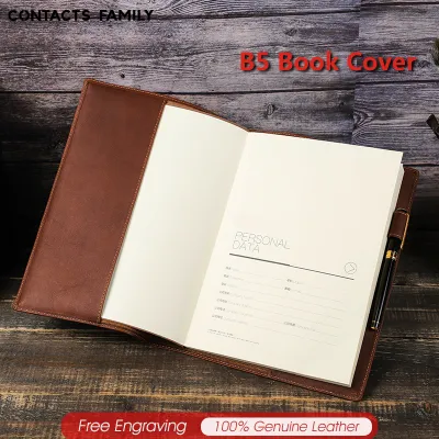 CONTACTS FAMILY Genuine Leather A5 B5 Book Cover Sleeve Protector with Pen Holder Notebook Book Case Office School Supplies