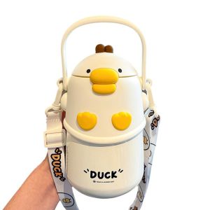 GROCERIY Stainless Steel Cartoon Insulation Cup with Straw Trendy Insulated Water Bottle Durable Drop-resistant Vacuum Flask Children
