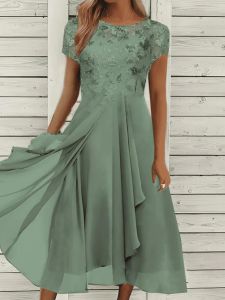 G72025 European Station European and American Dress Chiffon Patchwork Round Neck Sequin Print Flared Long Dress Gown 7/7