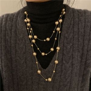 OQEWPI ไข่มุกเทียม สร้อยคอมุกแท้ ห่วงโซ่ลูกบอล พู่ห้อยคอ โซ่ลูกปัดมุก สง่างามเรียบหรู อุปกรณ์เครื่องประดับอัญมณี โซ่เสื้อกันหนาวยาว สำหรับผู้หญิง