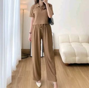 One Set Ribb Knit Hornets premium Oneset ribb Knit panst Celana panjang Set Crop polo top Wanita terbaru / stelan wanita jumbo / one set terbaru  baju setelan rajut knit Hornets premium