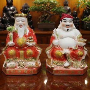 Cặp Tượng Thần Tài Thổ Địa Chiêu Tài Chất Liệu Sứ Dát Vàng Cao Cấp Đặt Bàn Thờ Thần Tài (Tài Địa Đỏ Mới Như Ý)