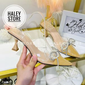 Giày cao gót bít nơ xoàn ngọc 7cm HALEY STORE quai đính đá nơ xoàn mũi nhọn quai kéo đi chơi đi tiệc đi làm đám cưới