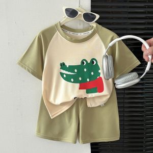AILEBE Kids Sets Lapel Collar Short Sleeve Top Shorts Set Soft Breathable Waffle Fabric Cute Cartoon Print Complete Matching Summer Outfit Pambahay OOTD For Baby Boys Girls 0-6 Years Machine Washable Easy Care