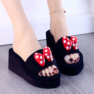 MANXIXI Brand Fashion Beautiful 2.36 Inches Wedge Sandals Cute Bow Anime Mouse Rubber Sole Sturdy Slippers For Women (Size 34-39)