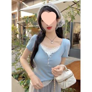 《406》 Summer bm Fake Two-Piece Base Shirt Pure Desire Short Sleeve Women Lace Floral T Summer Sweet Spicy Girl Short Top Women Trendy
