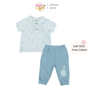 TinyBee ชุดเซ็ตเสื้อผ้าฝ้าย Cotton 100% พร้อมกางเกง ชุดเด็กผู้ชาย เสื้อขาว ไดโนเสาร์ อายุ 9-24 เดือน
