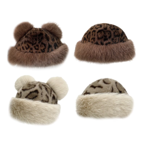 Warm Ushanka Bear Hat with Ear Furry Caps Cartoon Ear Hat Leopard Print Winter Plush Hat for Casual Wear