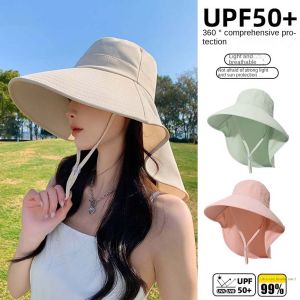 YOYO CHARMING ปีกกว้างยาว หมวกชาวประมงผู้หญิง มีฝาปิดคอ หมวกปีนเขา หมวกตกปลาปานามา สีทึบทึบ ป้องกันรังสีอัลตราไวโอเลต หมวกที่มีฝาครอบคอ ชาย/หญิง