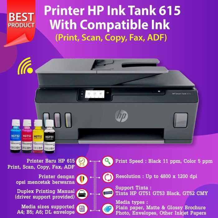Printer HP Smart Ink Tank 615 WiFi Print Scan Copy Fax ADF Wireless ...