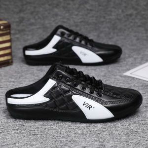 Trendy Mens Half Shoes Korean Casual Lazy Shoes Slip On Shoes Summer Comfortable Leather Mules Rubbers Half Slippers