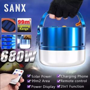 SANX 680W Solar Charge Bulb Outdoor Lighting Camping Lamp USB Rechargeable LED Night Market Light with Remote Super Bright Searchlight Working Lights Portable Emergency Light Lantern