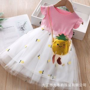 ชุดเดรสเด็กผู้หญิง เดรสกระโปรงลายสับปะรด💥แถมฟรีฟระเป๋าหนังสีเหลืองเข้าเซต💕พร้อมส่ง💕