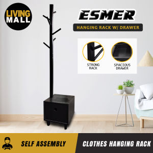 LivingMall Lester Clothes Hanging Rack with Drawer in Black Colour - Self Assembly