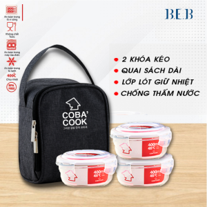 Bộ 3 Hộp Cơm Đựng Cơm Thủy Tinh Chịu Nhiệt COBACOOK Kèm Túi Vải Giữ Nhiệt- CCR43BS