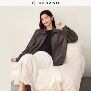 Giordano Women Drop shoulder collared PU leather jacket Free Shipping 05376721