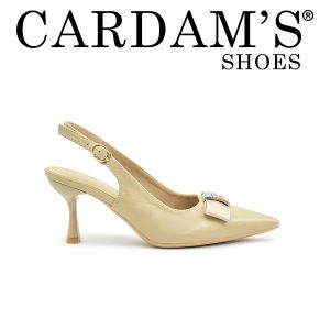 Cardams Womens Heeled Sandals CLY 28803 Beige/Black C1 - Pointed Toe - Bow Detail - Slingback Strap - Medium Heel - Mules