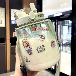 Portable INS Style Big Belly Cup Water Bottle With Straw 1300ML Free Cartoon Sticker Kids Water Tumbler Water Bottle