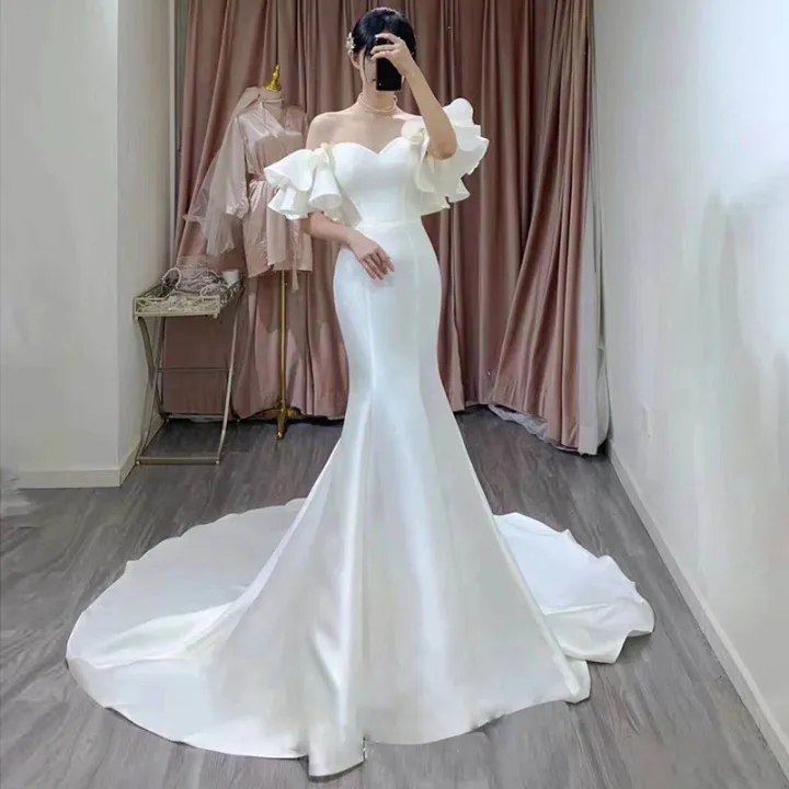 Glary Star Korean-style Satin Light Wedding Dress Bride Simple Slim Elegant  Waist Fishtail One-shoulder Female Temperament Dress Lazada PH