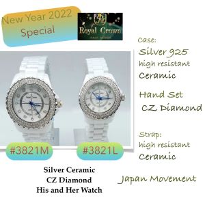 นาฬิRoyal Crown นาฬิกาคู่รัก เซรามิค Silver 3821M & 3821L นาฬิกาเงินแท้ ประดับเพชรสวิส CZ-His and Hers Couple s Watches-Silver 925 Ceramic CZ Diamond นาฬิกาข้อมือชายหญิง